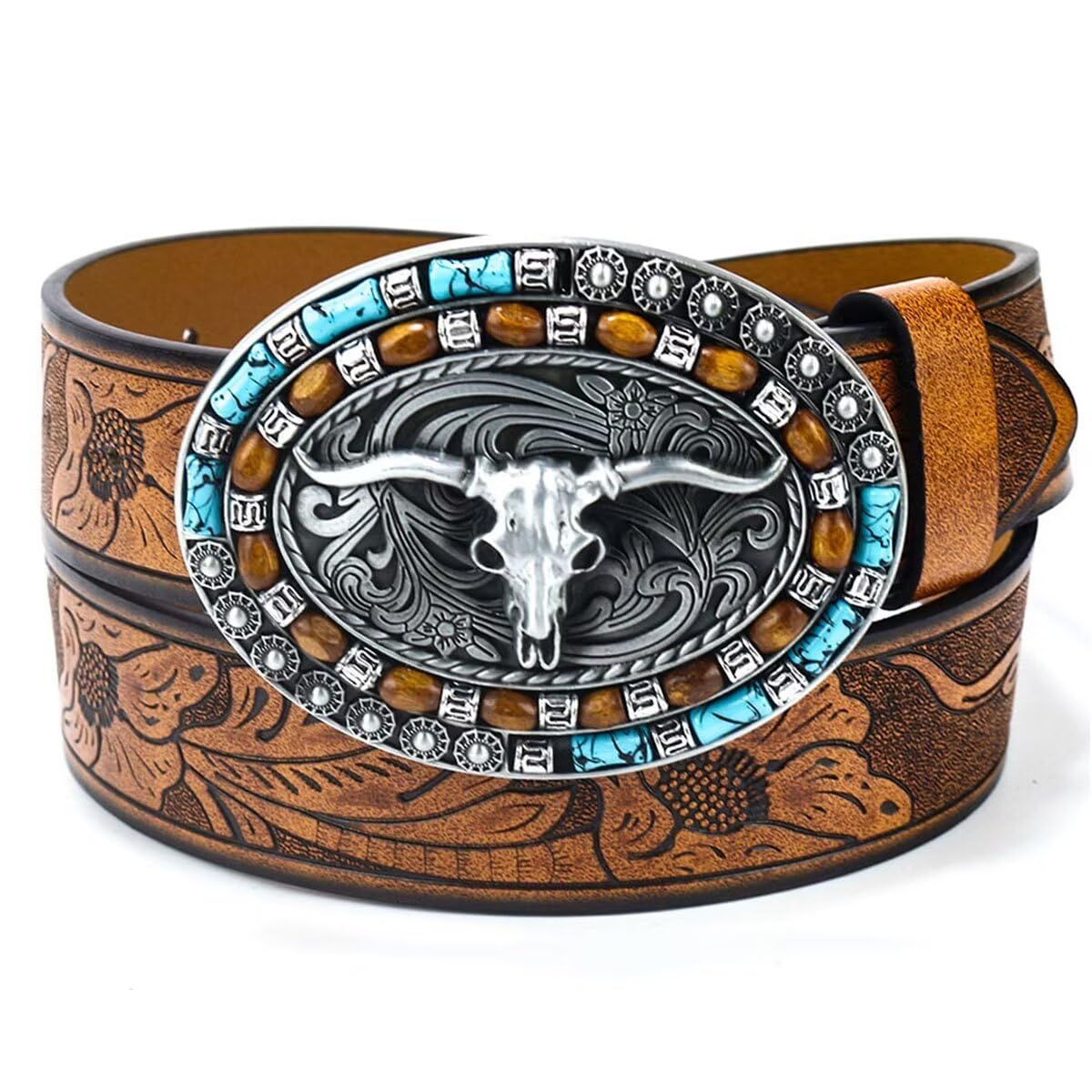 Photo 1 of QIQILUXI Western Belt for Women Men Cowboys Cowgirls Carving Leather Country Belts Bullhead Buckles…
