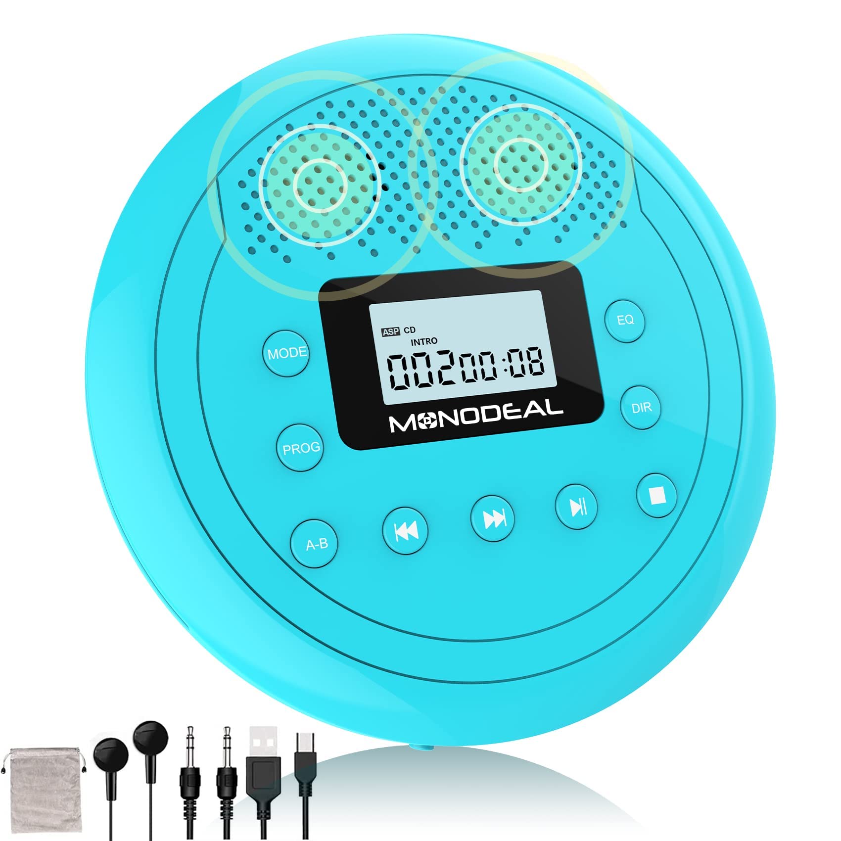 CD Player Portable | Speaker Built-in Rechargeable CD Player for Car and Home, Kids, Anti-Skip Player with Headphones(Cyan-Blue)