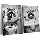 2Psc Raccoon Bathroom Framed Canvas Wall Art Funny Animal Painting Wall Decor Raccoon on Toilet Pictures Black and White Animal Poster Print Artwork for Bath Restroom Home Decoration 12X16 Inch