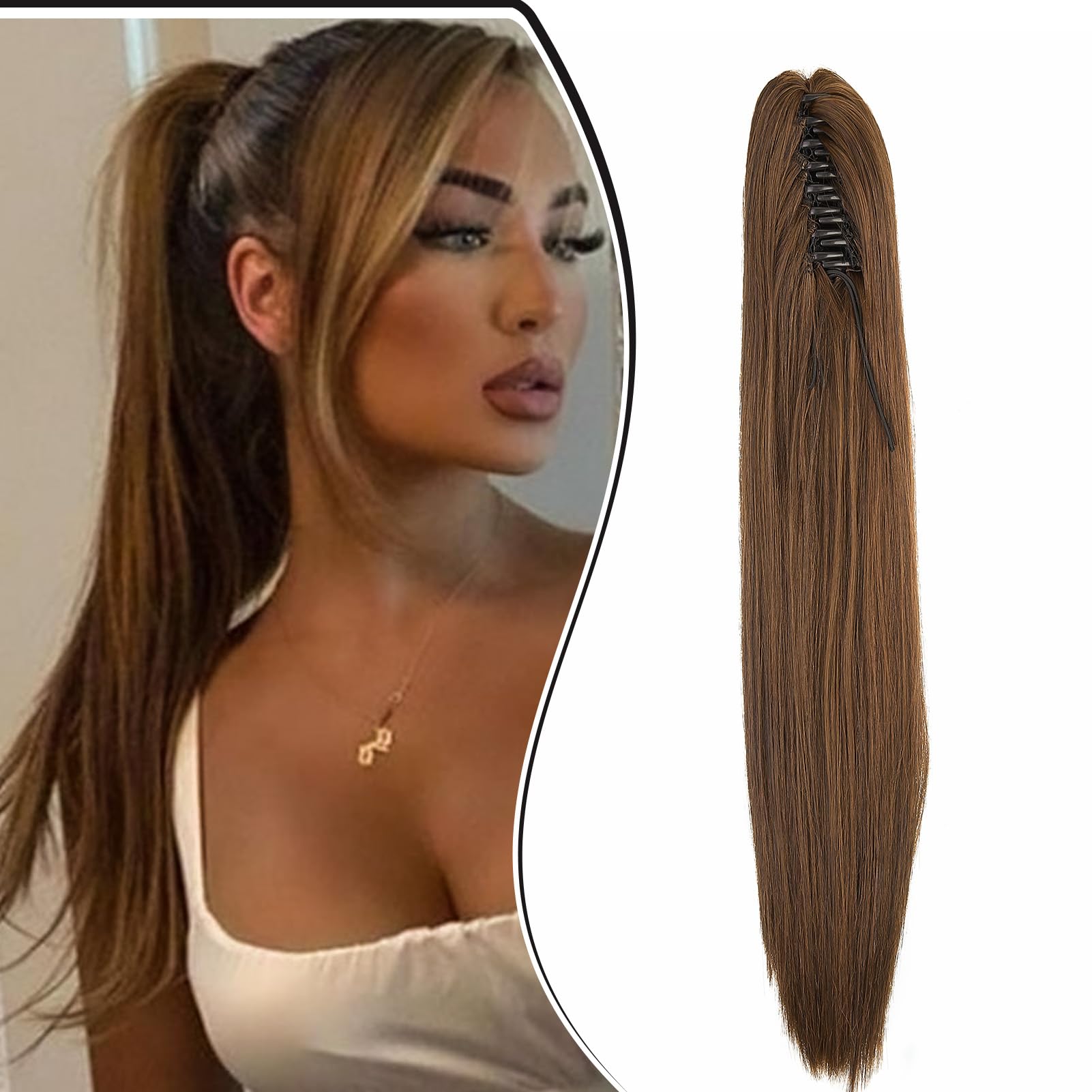 Dcbaboo Ponytail Extension Long Straight 20inch Claw Clip in Ponytail Hair Extensions Synthetic Pony tails Natural Wave One Piece Hairpiece Fake Ponytail for Women, Dark Brown/Light Auburn — image 1