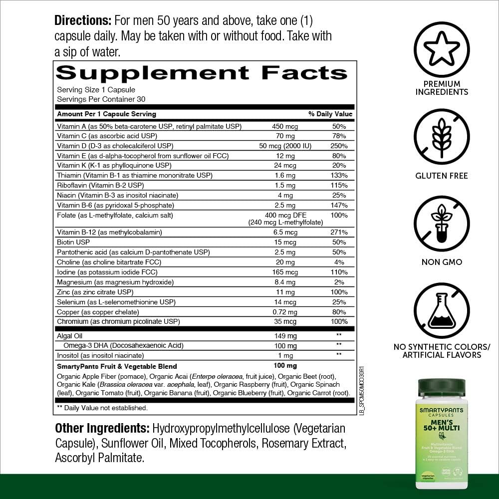 SmartyPants Multivitamin for Men 50+; Omega-3 DHA; Zinc for Immunity; Vitamins D3, C, B6; B12 for Energy, Vitamin A for Eyes; Folate, Selenium; Vegetarian (30 Day Supply): Health & Personal Care