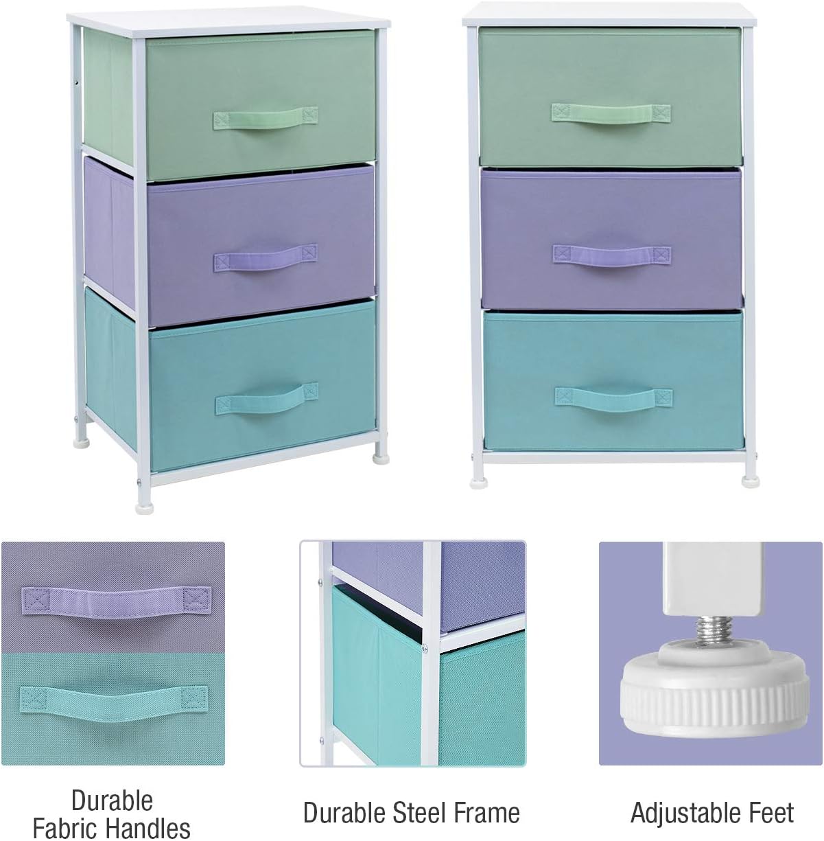 Sorbus Nightstand with 3 Drawers - Bedside Furniture & Night Stand End Table Dresser for Home, Bedroom Accessories, Office, College Dorm, Steel Frame, Wood Top (3-Drawer, Pastel/White): Kitchen & Dining