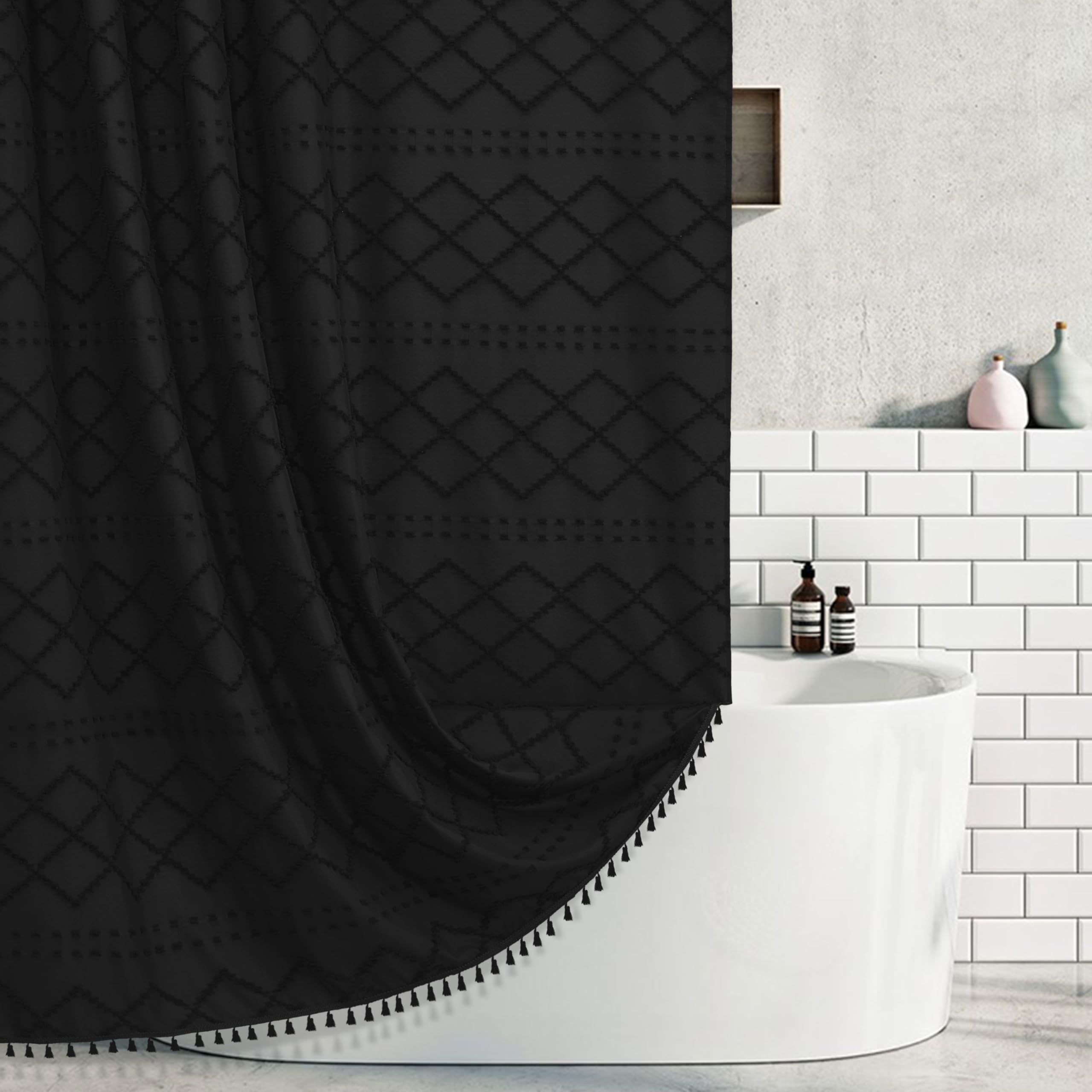 Siiluminisoy Boho Black Woven Fabric Shower Curtain with Tassels 71 x 72 Modern Farmhouse Minimalist Tufted Chevron Striped Shabby Chic Textured, Water Resistant Curtain for Bathroom, Hotel Decor