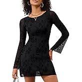 LOMON Womens Dresses Sexy Mesh Bell Sleeve Boat Neck Date Night Y2k Going Out Bodycon Mini Short Dress XS-XL