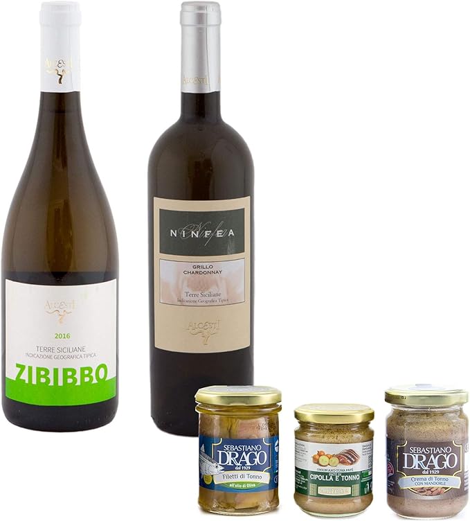 Antipasti Di Natale Siciliani.Confezione Regalo Natale 2018 Antipasto Sicilia Con Prodotti Tipici Siciliani Filetto Di Tonno Crema Di Tonno E Mandorle Pate Di Tonno E Cipolla Zibibbo I G T Grillo Chardonnay Vegano Amazon It Alimentari E Cura