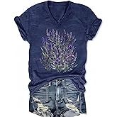 Graphic Tees for Women V-Neck Boho Tops Wildflowers Vintage Western Short Sleeve Fall Shirts