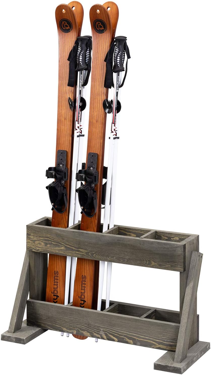 storage rack dividers on Storage Home Organization Mygift 4 Slot Vintage Gray Solid Wood Wall Mounted Or Freestanding Ski And Snowboard Storage Rack With Removable Dividers Garage Storage