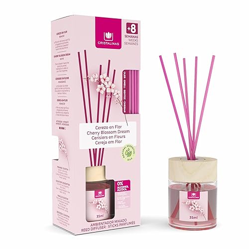 Cristalinas 35ml Cherry Blossom Air Fresheners for Home - Reed Diffusers for home - Home Fragrance Lasts upto 8 weeks - Room Diffuser Sticks with Coloured Fragrance Oil