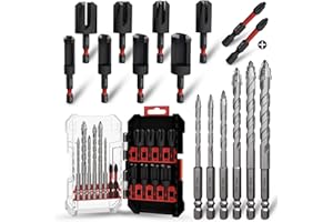 FROOOK Wood Plug Cutter Drill Bit Set 16-Piece, Straight and Tapered Cutting Tools，Includes Screwdriver Bits and Masonry Drill Bit Set, 1/4" Hex Shank for Woodworking with Storage Box
