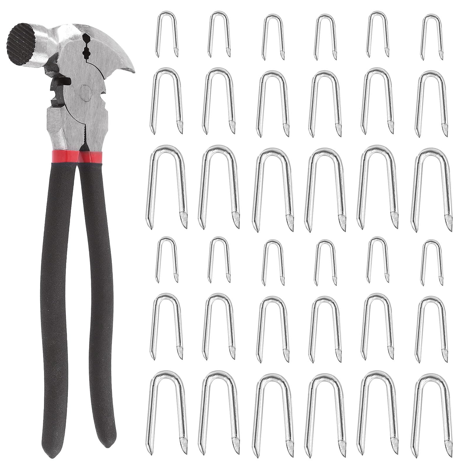 Glarks 151Pcs 3 Sizes Fence Staples Fencing Pliers with Hammerhead Set, Silver Steel Wire Fence Staples U Shaped Nails U Staples for Woven Fencing and Wire Mesh