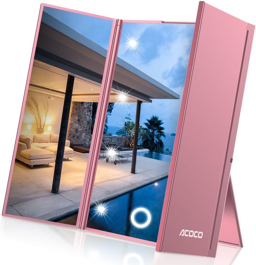 ACOCO Trifold Makeup Mirror, Travel Light up Vanity Mirror with 8 LED