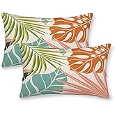 Summer Palm Leaf Pillow Covers 12x20 Set of 2, Coral Tropical Leaf Decorative Outdoor Throw Pillow Covers Green Blue Botanical Farmhouse Cushion Case Linen Square Decor for Home Couch Sofa