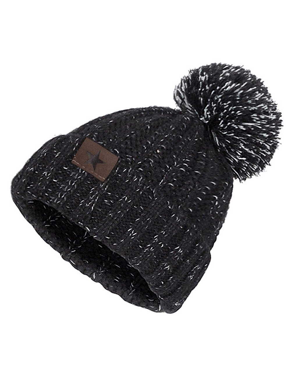 EVRFELAN Winter Fox Pompom Beanie Cable Knit Warm Hat Ribbed Ski Skull Cap (Black)