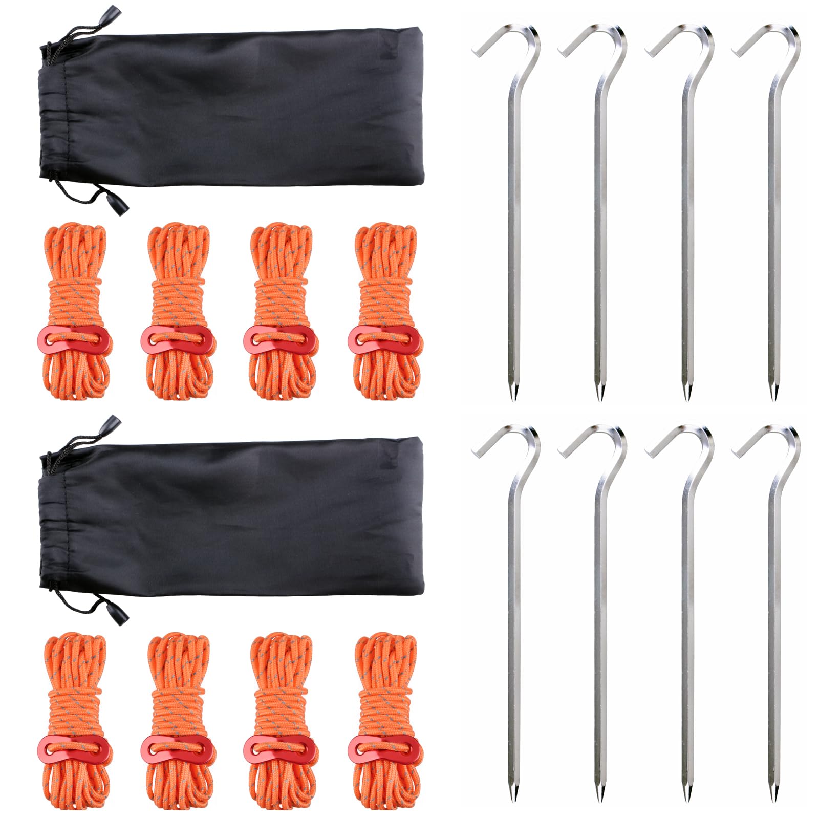 TRIWONDER Guy Ropes Paracord Guyline Nylon Rope with Tensioners Reflective Cord with Tent Pegs for Outdoor Camping Hiking Awning (Orange - 8 Ropes + 8 Pegs)