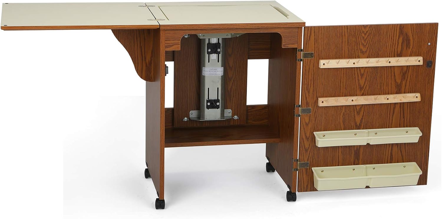 Arrow 500 Sewnatra Sewing Cabinet for Sewing, Cutting, Quilting, Crafting, with Storage and Airlift, Portable with Wheels, Oak Finish
