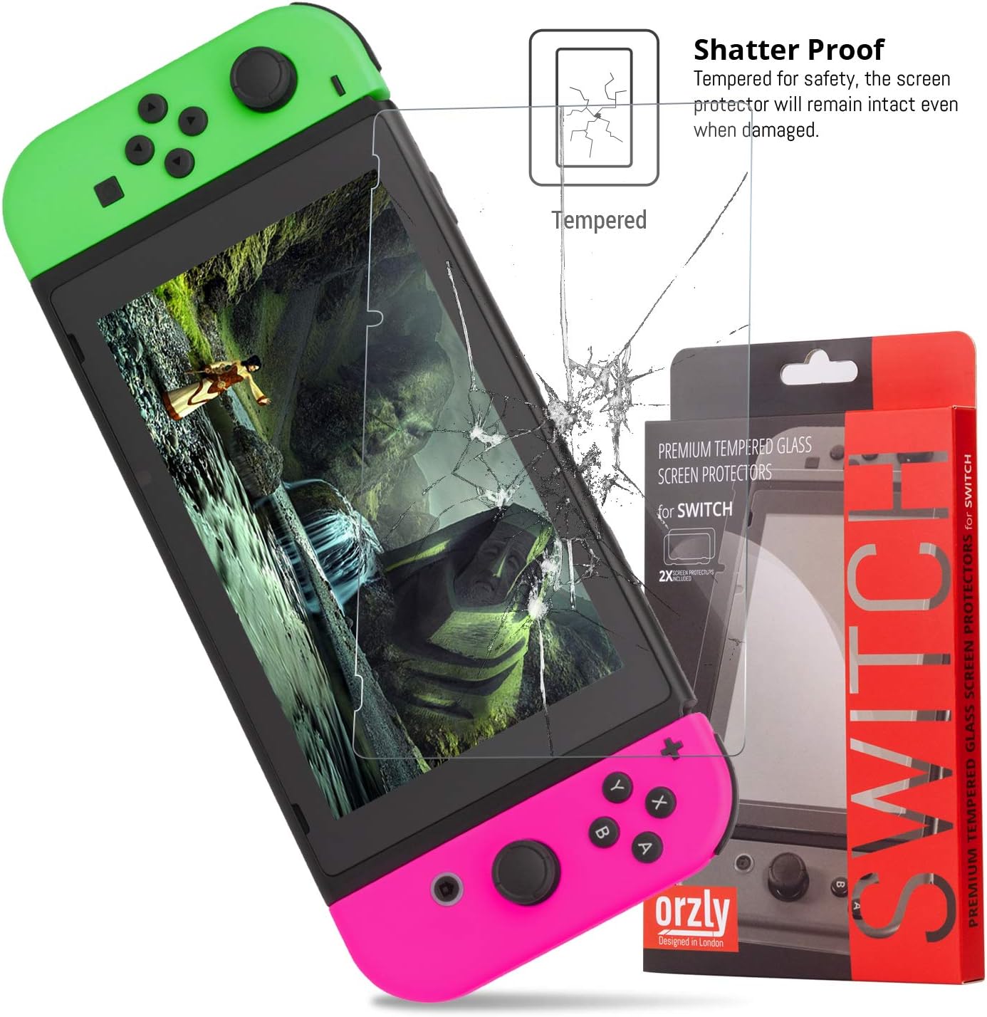 Orzly Glass Screen Protectors compatible with Nintendo Switch - Premium Tempered Glass Screen Protector TWIN PACK [2x Screen Guards - 0.24mm] for 6.2 Inch Tablet Screen on Nintendo Switch Console: Electronics