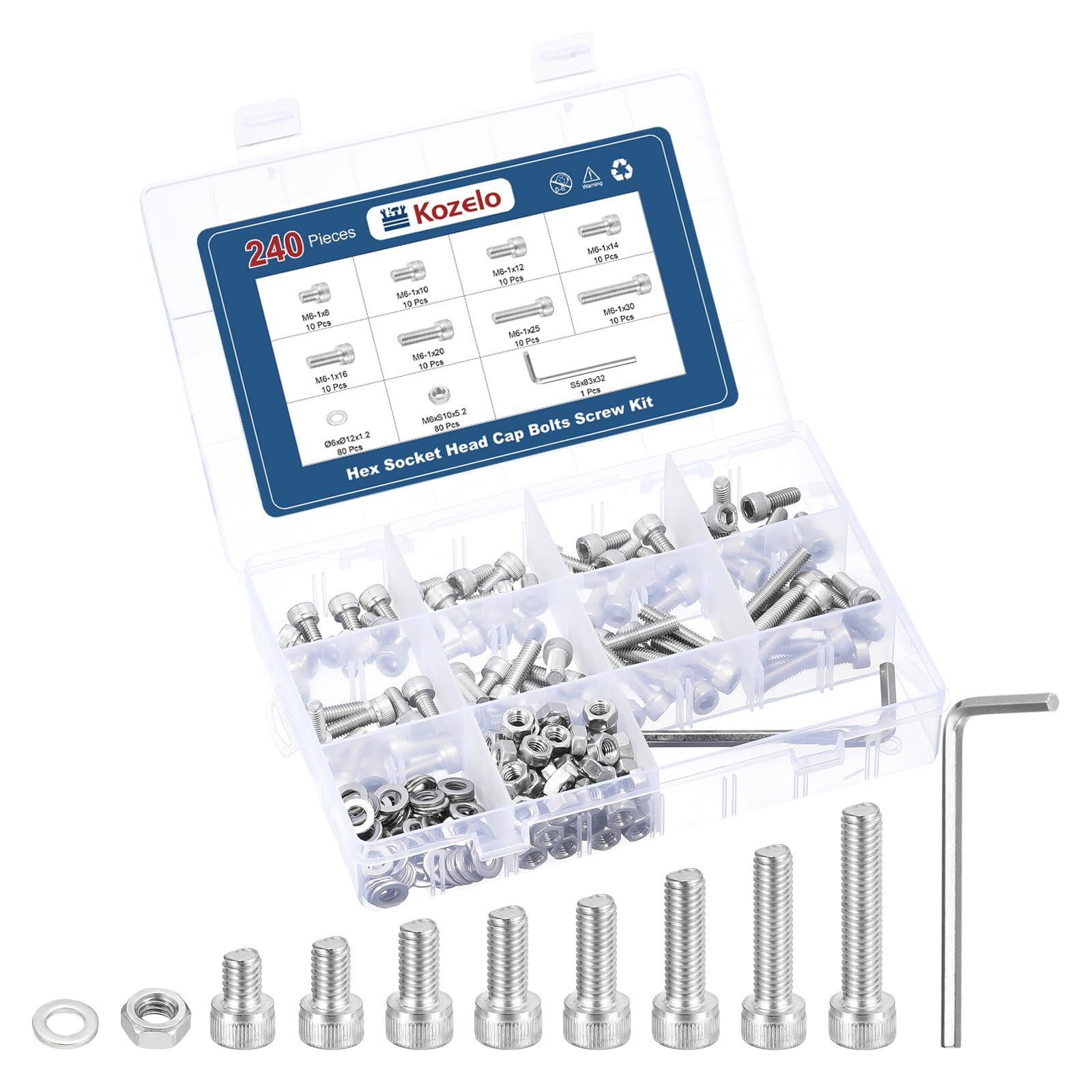 Kozelo 240pcs M6 Socket Head Cap Screws Bolts Nuts Assortment Kit - [M6x8/10/12/14/16/20/25/30mm] 304 Stainless Steel Allen Socket Drive for 3D Printer with Allen Wrench