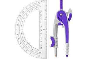 EBOOT Student Geometry Math Set, Drawing Compass and 6 Inch Clear Swing Arm Protractors 180 Degree Math Protractor (Purple)