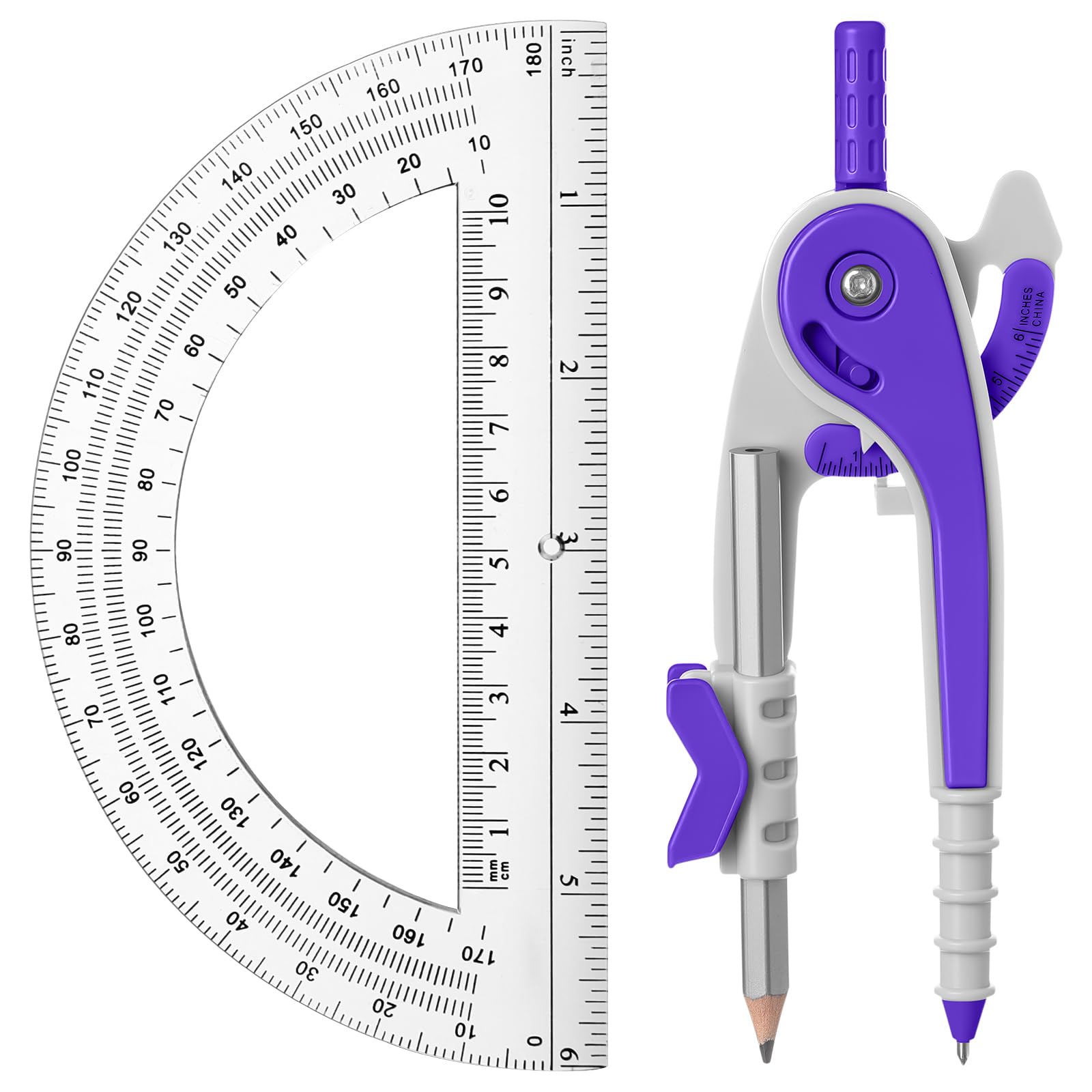 Photo 1 of EBOOT Student Geometry Math Set, Drawing Compass and 6 Inch Clear Swing Arm Protractors 180 Degree Math Protractor (Purple)