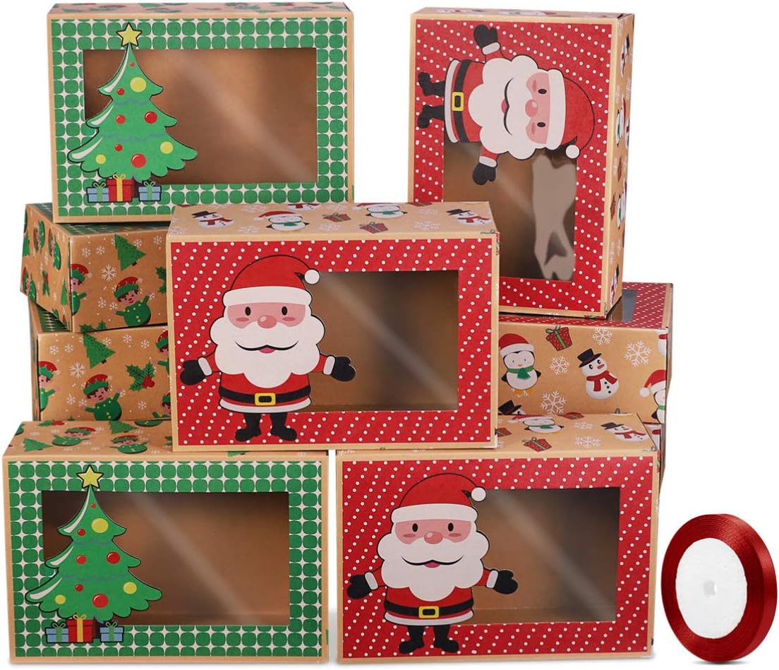 HEMOTON Christmas Cookie Boxes Doughnut Boxes Bakery Box Christmas Kraft Paper with Clear Window,Gift for Presents Green and Red Holiday Designs with Xmas Ribbons for on Holiday Party(Set of 12)