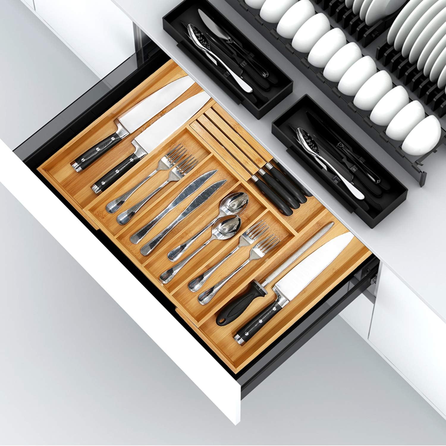 Bamboo Silverware Drawer Organizer Kitchen, Expandable Utensil Holder and Cutlery Tray with Divider | 13"-21.6" Flatware Storage and Removable Knife Block: Kitchen & Dining