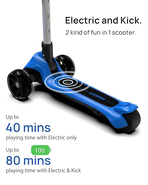 ELECOSMOS KIDS ELECTRIC SCOOTER FOR AGE 4-9, LIGHT UP 3 WHEELED SCOOTER WITH BIG LED WHEELS, FLASHING DECK, 3 ADJUSTABLE HEIGHTS, LIGHT UP 3-WHEELS SCOOTERS, BALANCE TRAINING SCOOTER FOR KIDS, BLUE