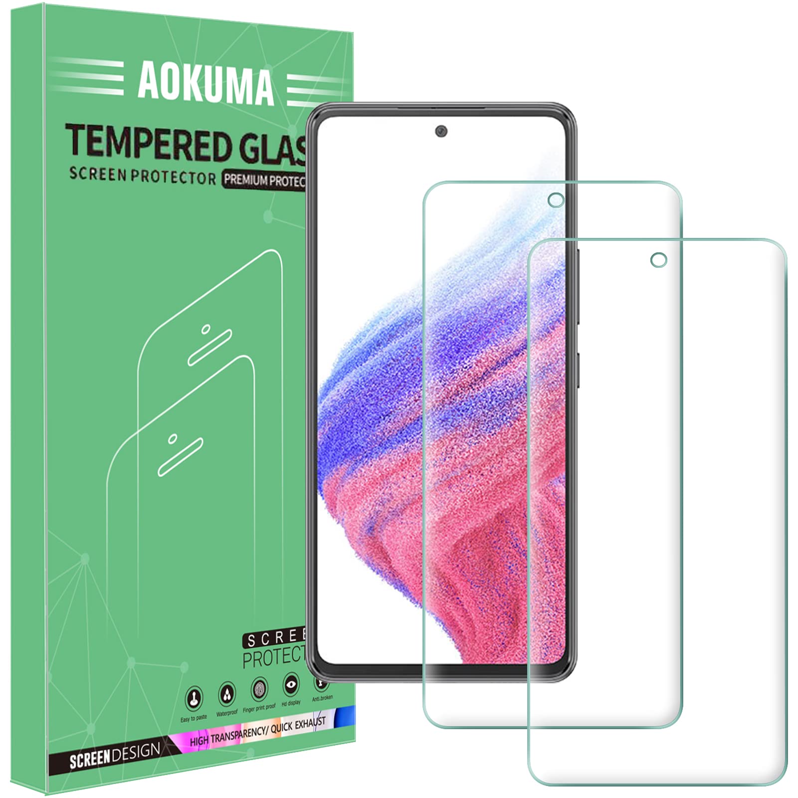 AOKUMA Tempered Glass for Samsung Galaxy A53 5G/A52s 5G/ A52 5G/4G Screen Protector, [2 Pack] Premium Quality Guard Film, Case Friendly, Shatterproof, Shockproof, Scratchproof oilproof