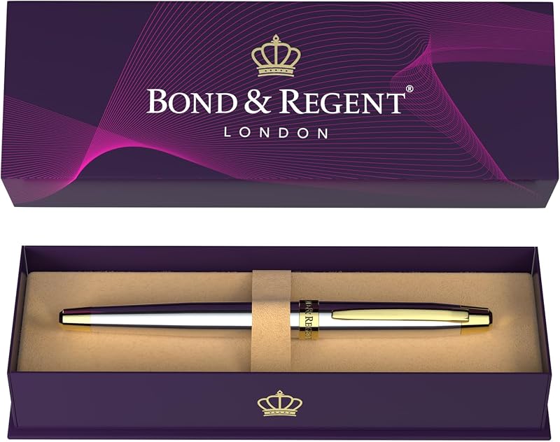 Bond & Regent Silver Chrome 24K Gold Rollerball Pen Luxury Grade