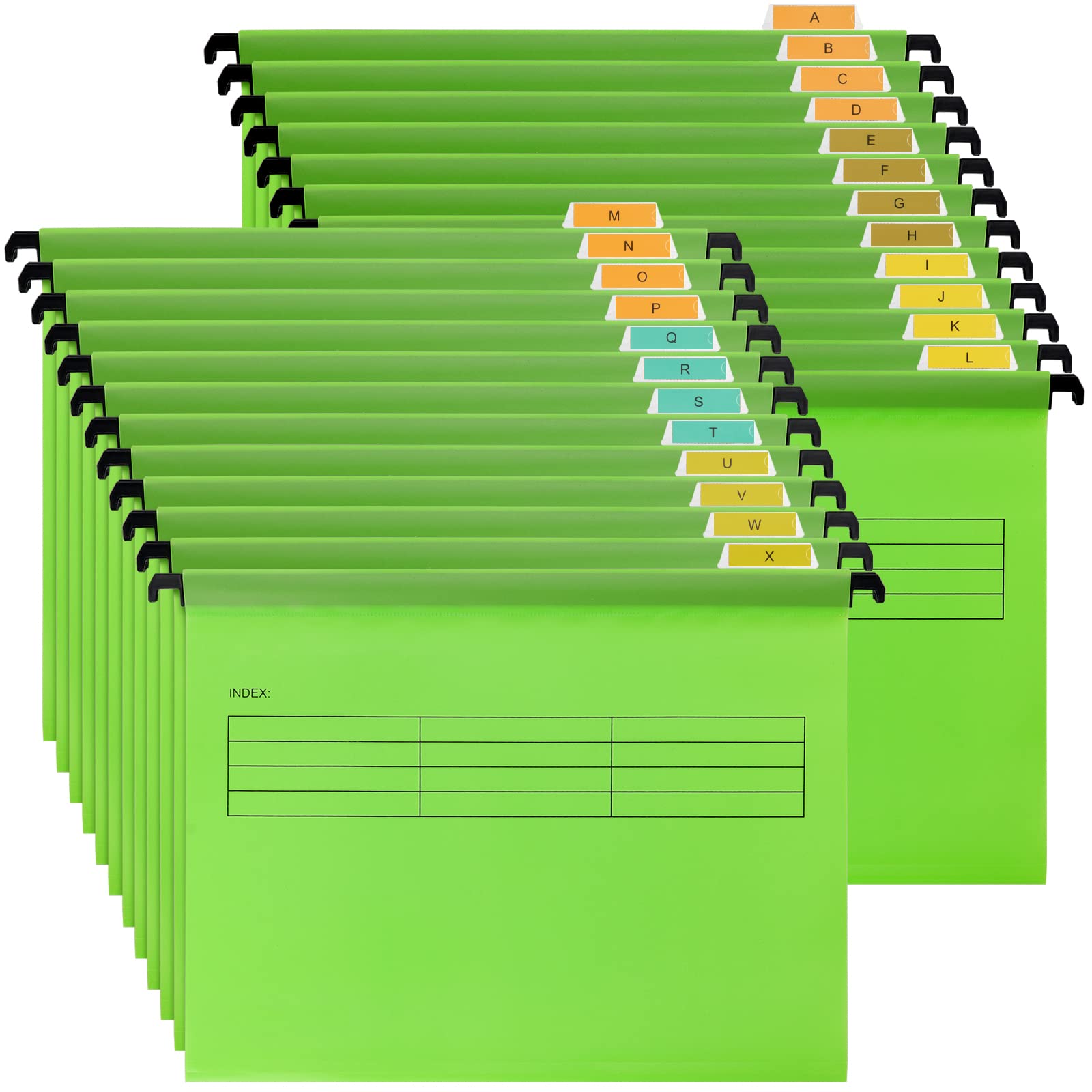 MUKLEI 24 Pack A4 Suspension Files, Filing Cabinet Suspension Files, Hanging File Folders with Tabs, Card Inserts, A4 Hanging Filing Storage Interior Folders for Office, Home, School, Green