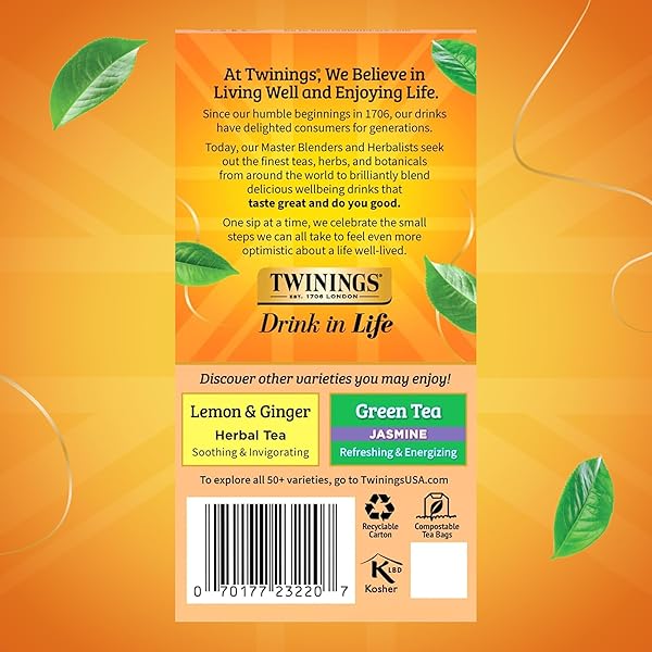 TWININGS PEACH & ORANGE HERBAL TEA INDIVIDUALLY WRAPPED BAGS, 20 COUNT (PACK OF 1), JUICY & FRUITY, NATURALLY CAFFEINE-FREE, ENJOY HOT OR ICED
