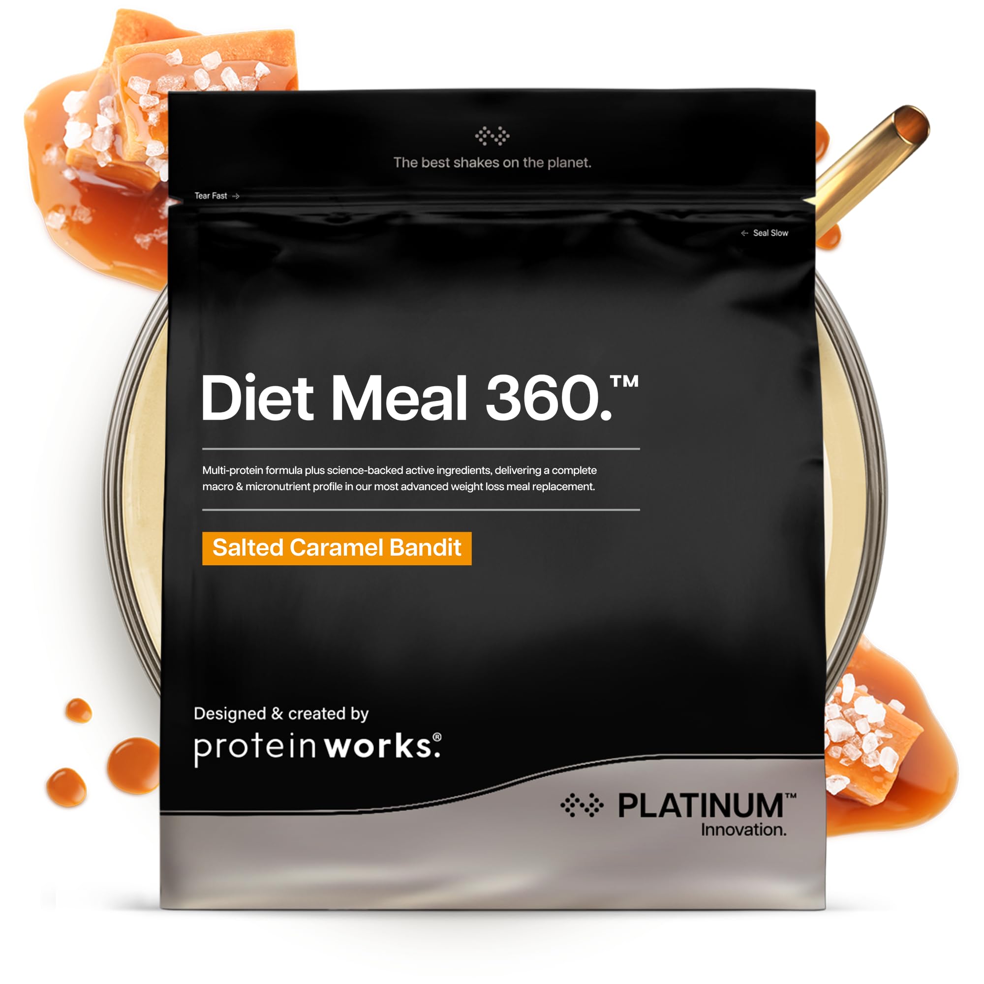 Protein Works | Diet Meal 360 - PLATINUM Innovation, Diet Meal Replacement Shake, Supports Weight Loss, 26 Vitamins & Minerals, Added Flaxseed, Inulin, Omega 3, Salted Caramel Bandit, 33 Meals, 2kg