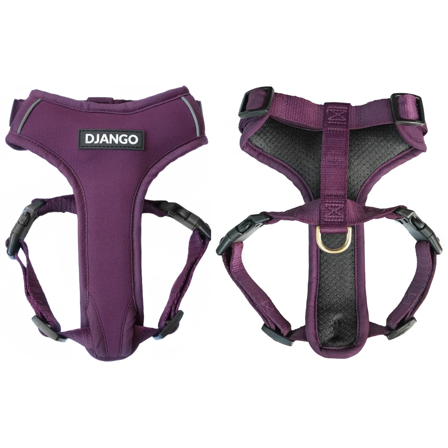 DJANGO Adventure Dog Harness - Stylish, and Durable Large Dog Harness for Outdoor Adventures and Everyday Wear - Plum Purple Neoprene Adjustable Harness for Dogs with Reflective Piping, Brass D-Ring