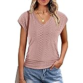 BKRIVE Eyelet Womens Tops Cap Sleeve V Neck T Shirts for Women Summer Shirts