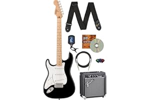 Fender Squier Sonic Stratocaster Left-Handed - Black Bundle with Frontman 10G Amp, Cable,Tuner, Strap, Picks, and Austin Bazaar Guitar DVD