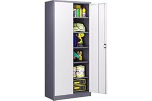 LISSIMO Metal Tool Storage Cabinet, Lockable File Cabinet with 2 Doors and 5 Adjustbale Shelves, Tall Cabinets for Garage Storage Systems for Home Office,Garage, Workshop