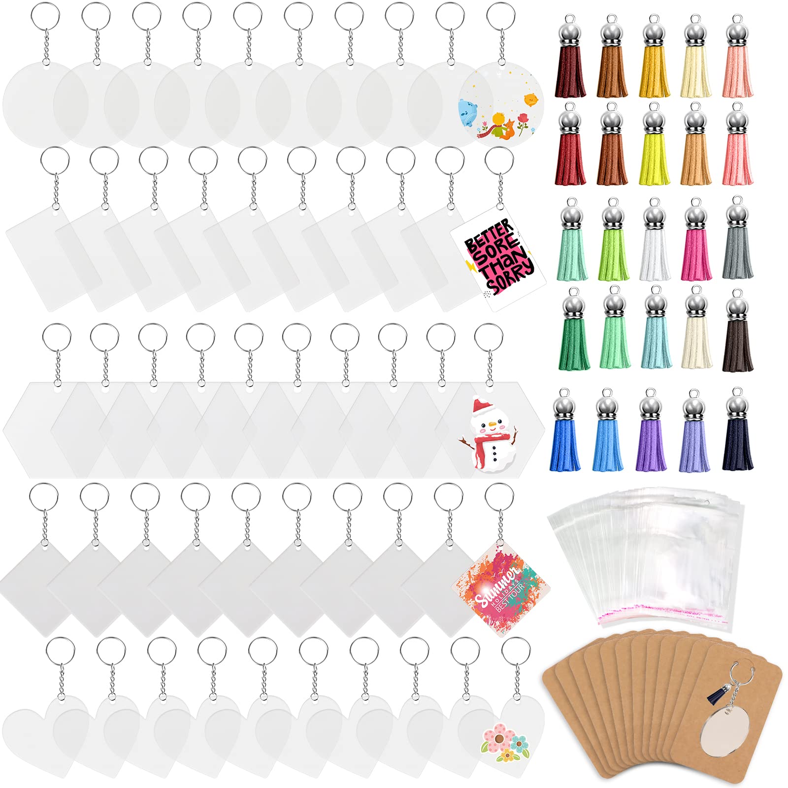 ZYNERY 300 PCS Acrylic Keychain Blank Set, Key Chain for Vinyl Key Come with Acrylic Blank Bulk(2 Inch), Keychain Display Cards, Tassels, Keychain Ring, Jump Rings for DIY Keychain Vinyl Crafting (B)