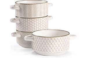 KooK Ceramic Soup Bowls with Handles, Embossed, for Cereal, Dessert, Pastas, Microwave & Dishwasher Safe, Ivory with Dark Cop
