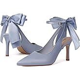 RIBONGZ Heels for Womens Bow Heels with Strappy Wedding Satin Shoes for Bride Closed Pointed Toe Stiletto Slingback Pumps Sexy Ankle Strap Prom Dressy Party Bridesmaid Shoes