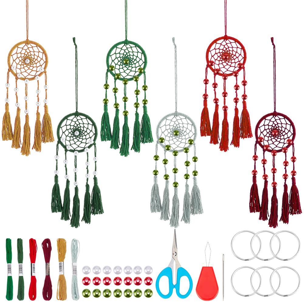 INFUNLY 6 Set Small DIY Dream Catcher Kit Christmas Mini Dream Catcher Making Kit Bohemian Handmade Dream Catcher Keychain for Bag Pendant Car Mirror Hanger Backpack Charm Wall Bedroom Decor — image 1