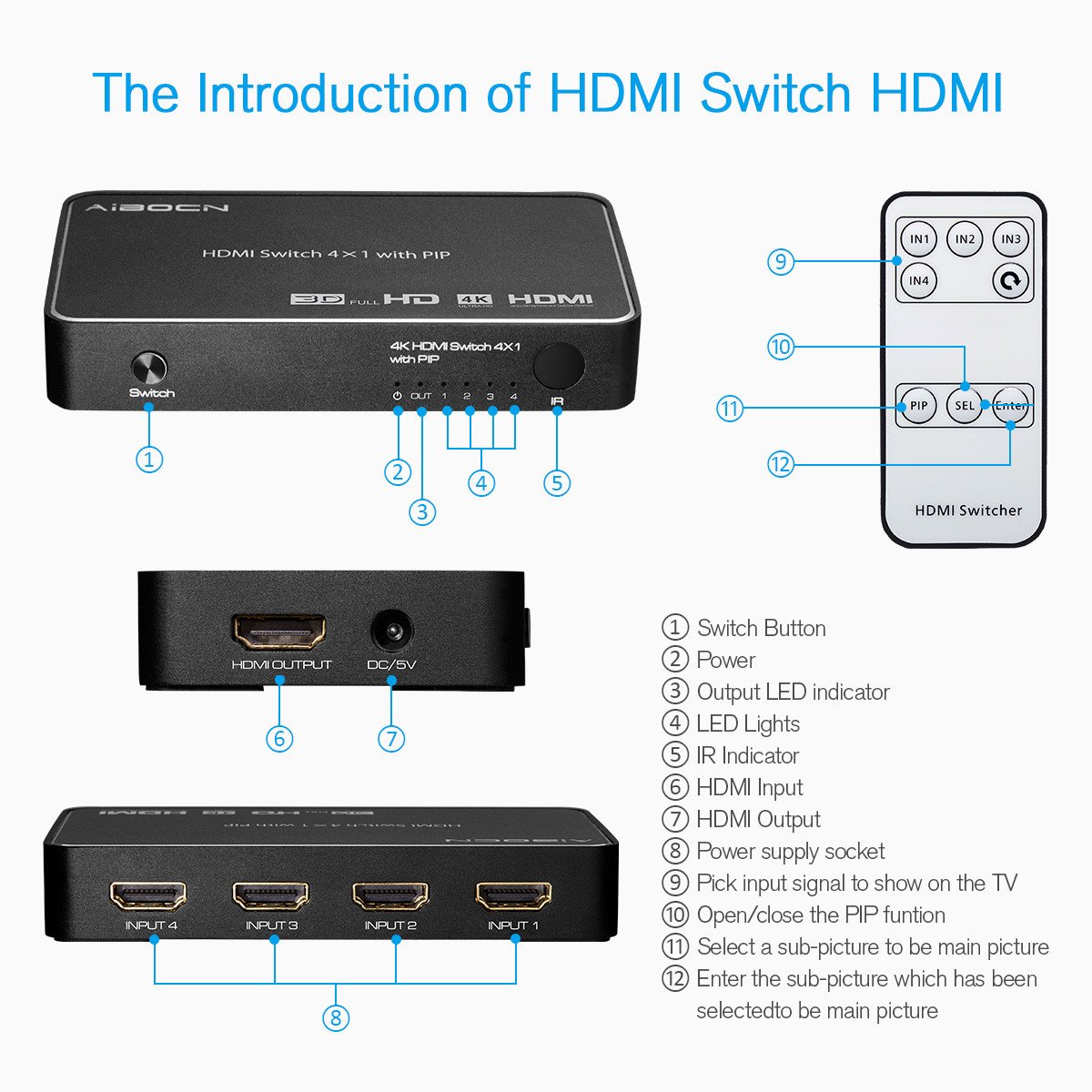 Aibocn HDMI Switch，Conmutador HDMI Switch 4 Entrada a 1 Salida Soporta 4K 3D y 1080P Adaptador para TV, BLU-Ray, Cable Box, PS3 PS4,Color Negro