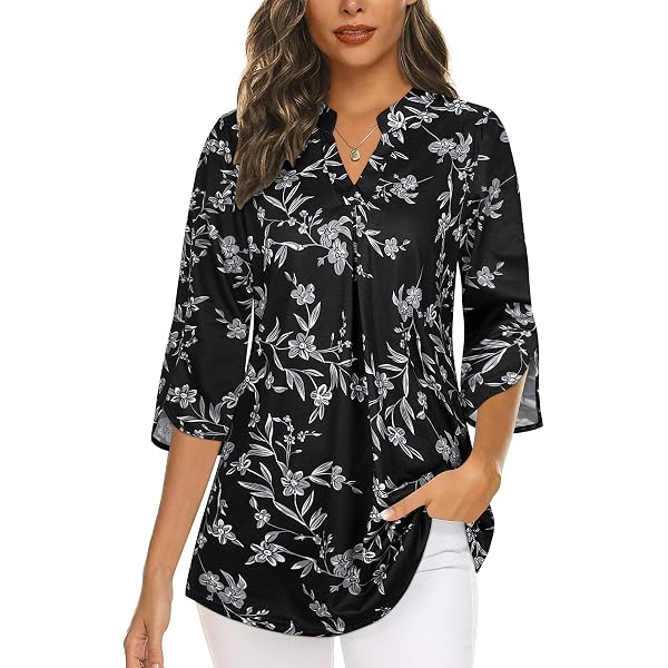 MONNURO Women's Plus Size 3/4 Sleeve V-Neck Tunic Top - Floral Print, Loose Swing Fit