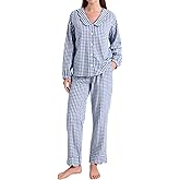 PEHMEA Women's Plaid Pajamas Set 2 Piece Cotton Gingham Sleepwear Puff Sleeve Scalloped Babydoll Shirt Lounge Pj Sets