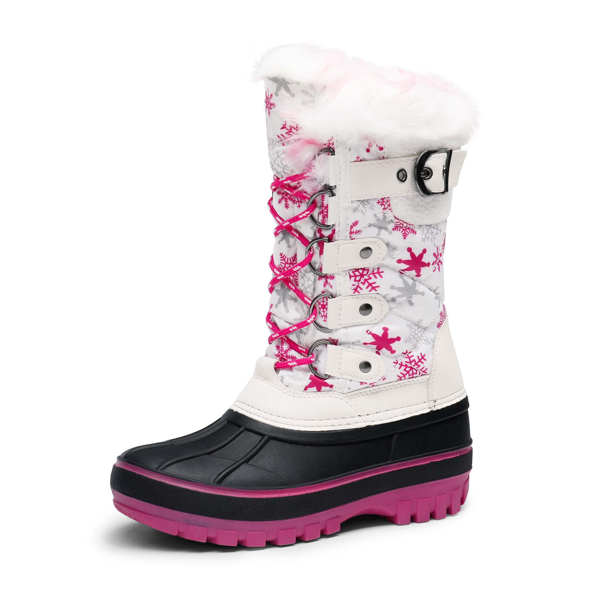 DREAM PAIRS Boys Girls Snow Boots Water-Resistant Outdoor Warm Cozy Anti-Slip Mid Calf Faux Fur Lining Insulated Winter Shoes for Little/Big Kids,Size 13 Little Kid,White/Fuchsia,KRIVER-1 Image