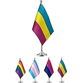 GentleGirl.USA Pansexual table flag LGBT stick small miniature Pansexual rainbow flag office table flag with stand base, Pansexual rainbow flag proud and proud theme party decoration
