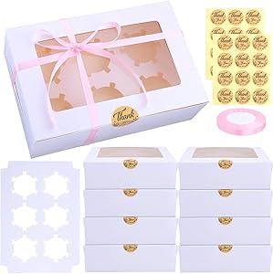 Ruisita 15 Pack Cupcake Boxes White Paper Cupcake Carriers Bakery Box with Inserts and Window Cake Carrier Container Cookie Gift Boxes 6 Holders for Dessert, Pastries, Cake, Muffin, Donut, Macaron