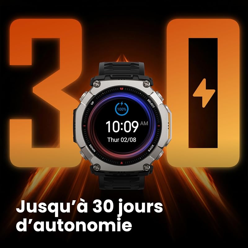 T-Rex Ultra 2 Montre Connectée Outdoor, GPS Double Bande, Boîtier Titane 51 mm, Écran AMOLED 1,5" Verre Saphir, Lampe Torche, 30 Jours Autonomie, Cartes Hors Ligne, 10 ATM, 180+ Modes Sport