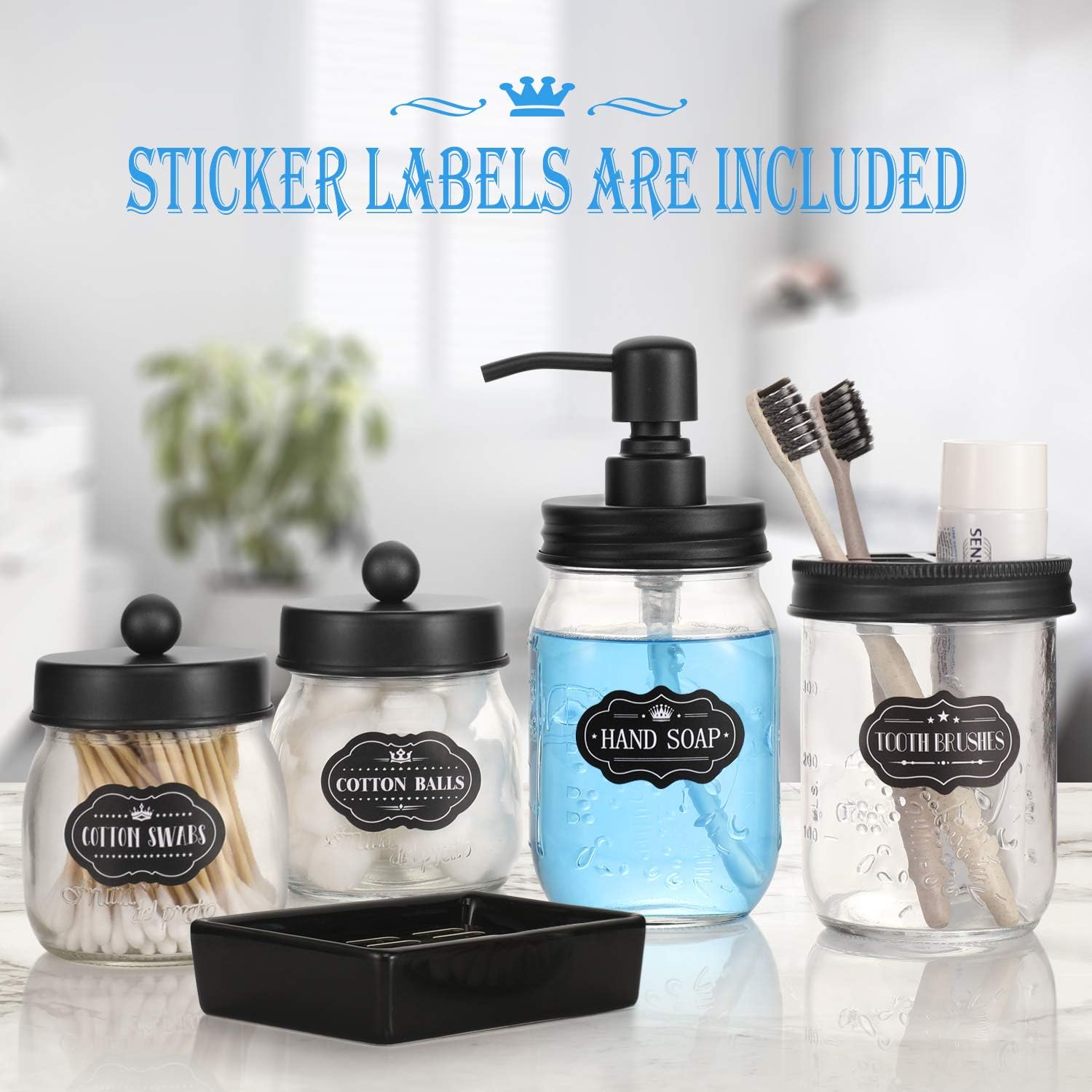 AOZITA Mason Jar Bathroom Accessories Set 5 Pcs - Mason Jar Soap Dispenser & 2 Apothecary Jars & Toothbrush Holder &Ceramic Drain Soap Dish - Rustic Farmhouse Decor, Bathroom Home Decor, Black: Home & Kitchen