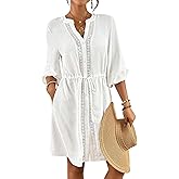Bsubseach Swimsuit Coverup for Women V Neck Bathing Suit Cover Up with Pocket Drawstring Button Down Beach Shirt Dresses