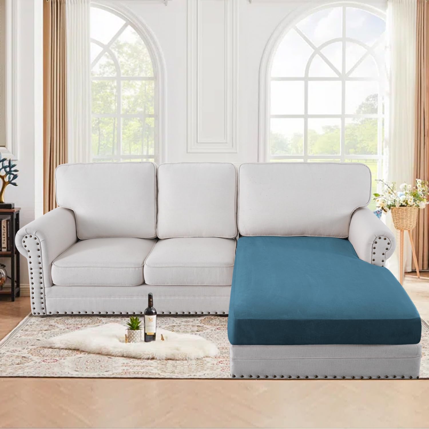 Photo 1 of H.VERSAILTEX Suede Stretch Individual Chaise Cushion Cover Replacement Sectional Couch Covers L Shape Sofa Both Left/Right Soft Couch Seat Covers for Pets Washable(1 Piece Chaise Cover, Stone Blue)