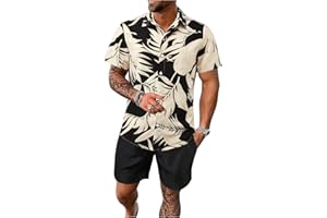 GORGLITTER Men's Hawaiian Matching Set Summer Beach 2 Piece Outfits Flower Button Down Shirts and Shorts Set